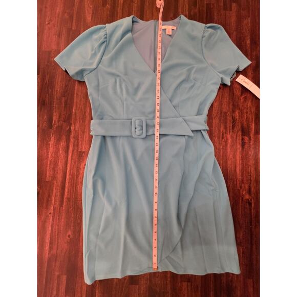 London Times Dress Size 16 Blue Atoll Faux Wrap Belted Puff Sleeve Knee Length - Picture 5 of 9
